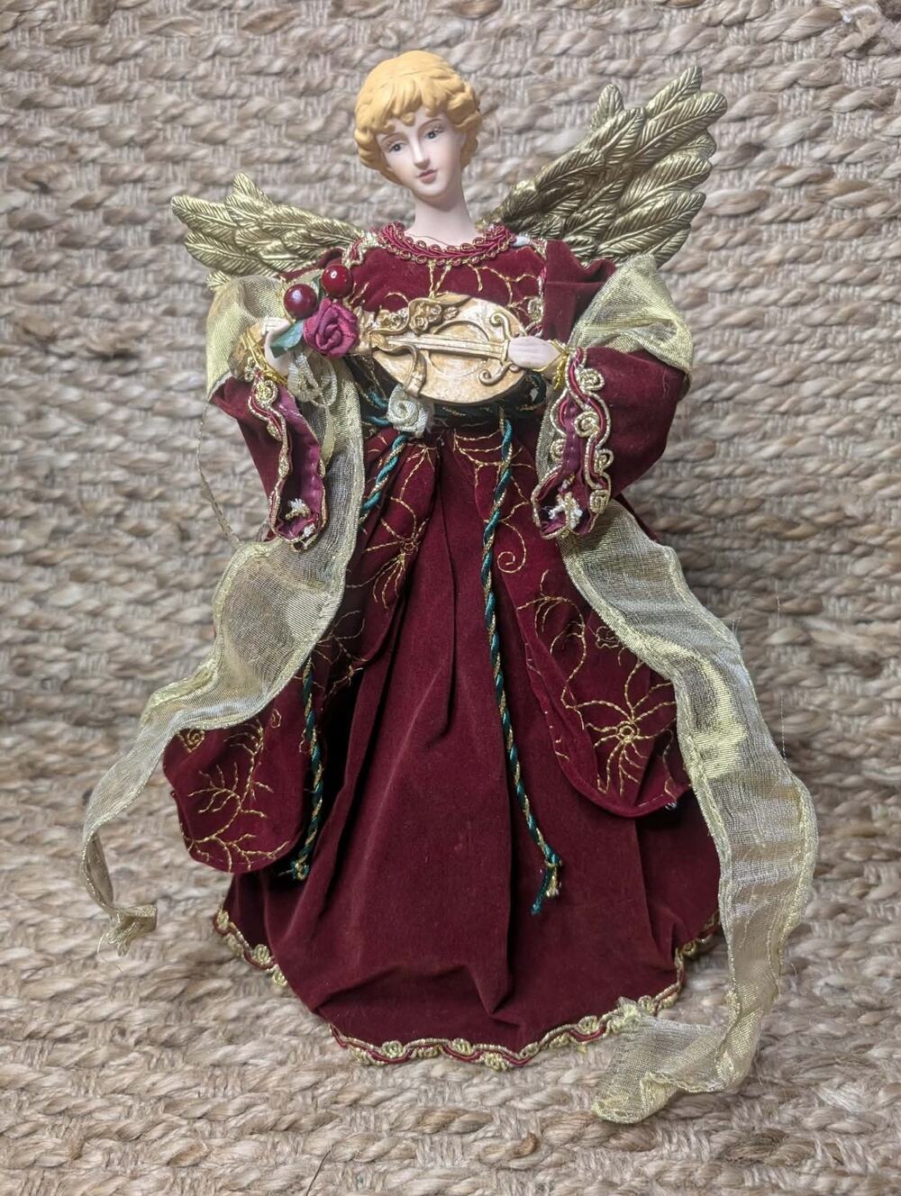 Vintag Red & Gold Felt Embroidered Angel Christmas Tree Topper Holiday Decor 13"